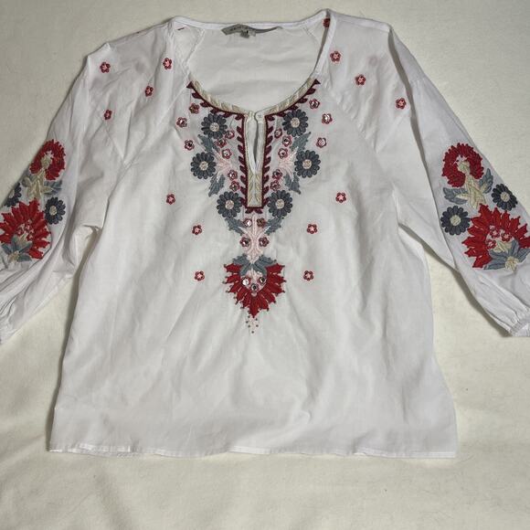 Melange Colour Tops - Women’s White Embroidered Bell Sleeve Slit Front Top Small